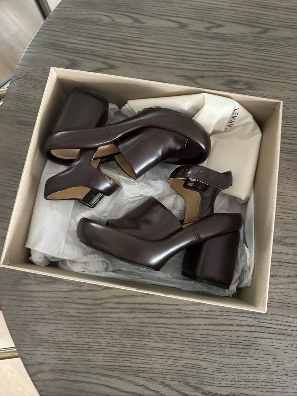 Lemaire Dark Brown Leather Block Heel Sandals